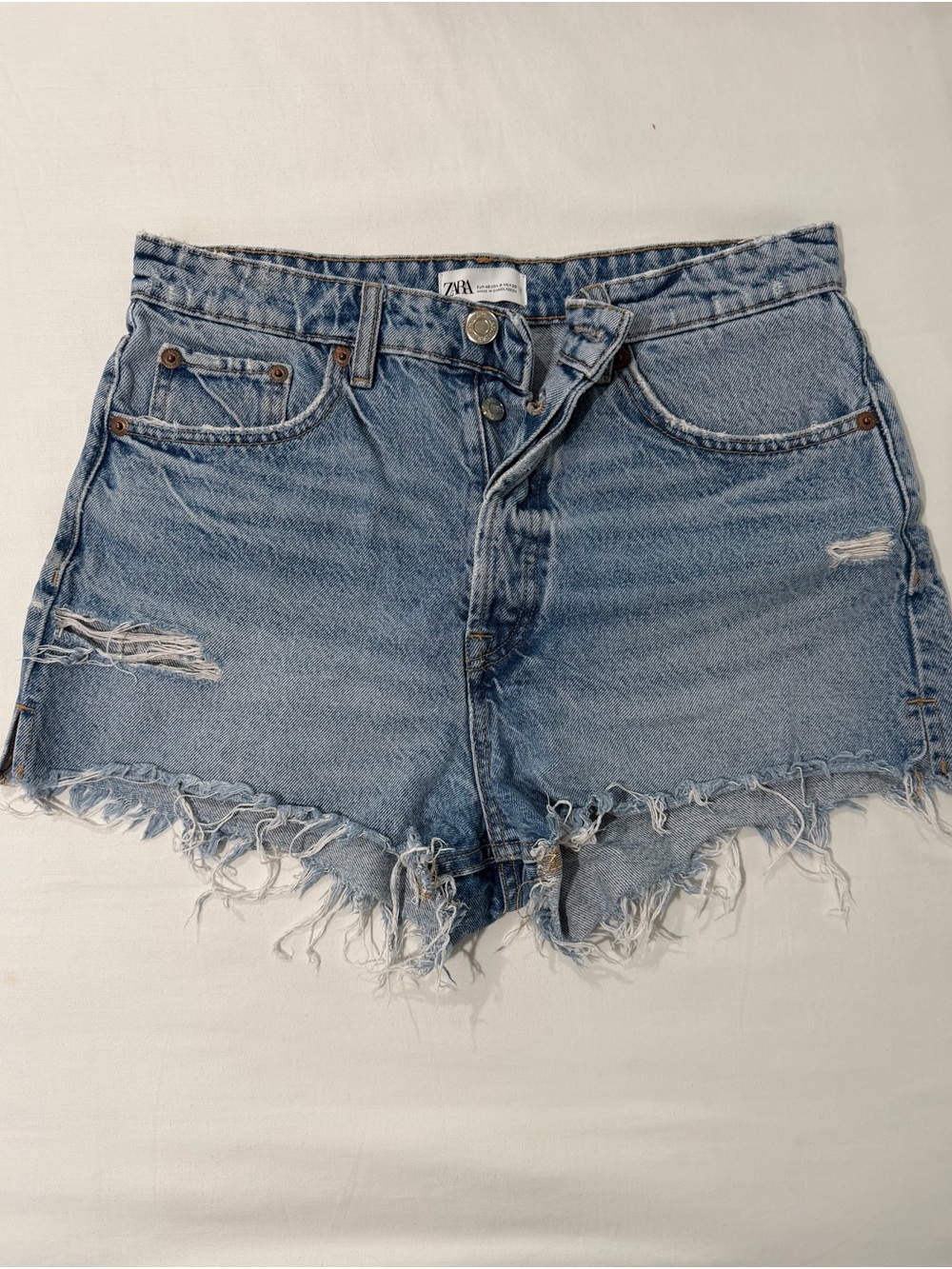 Zara Light Blue Distressed Denim High Rise Cutoff Shorts
